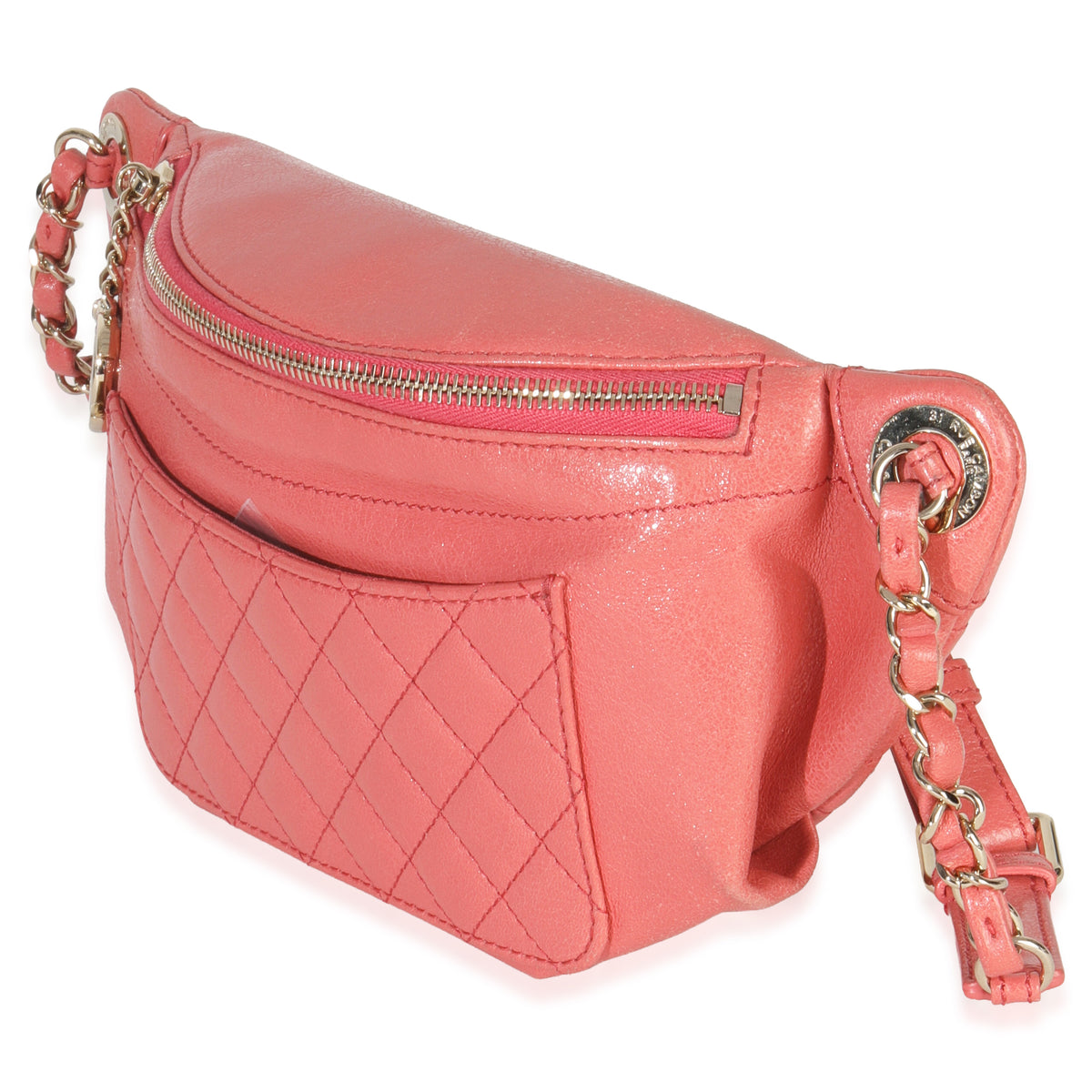 Chanel Pink Shiny Crumpled Quilted Calfskin Bi Classic Waist Bag Handbag sv