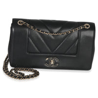 Chanel Vintage Black Chevron Quilted Sheepskin Medium Mademoiselle Flap Bag Handbag fv