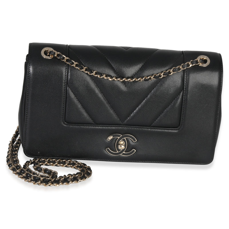 Chanel Vintage Black Chevron Quilted Sheepskin Medium Mademoiselle Flap Bag Handbag fv