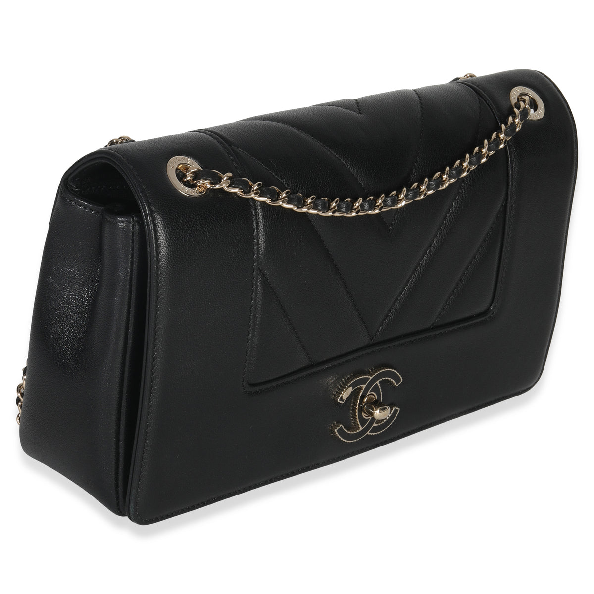 Chanel Vintage Black Chevron Quilted Sheepskin Medium Mademoiselle Flap Bag Handbag pv