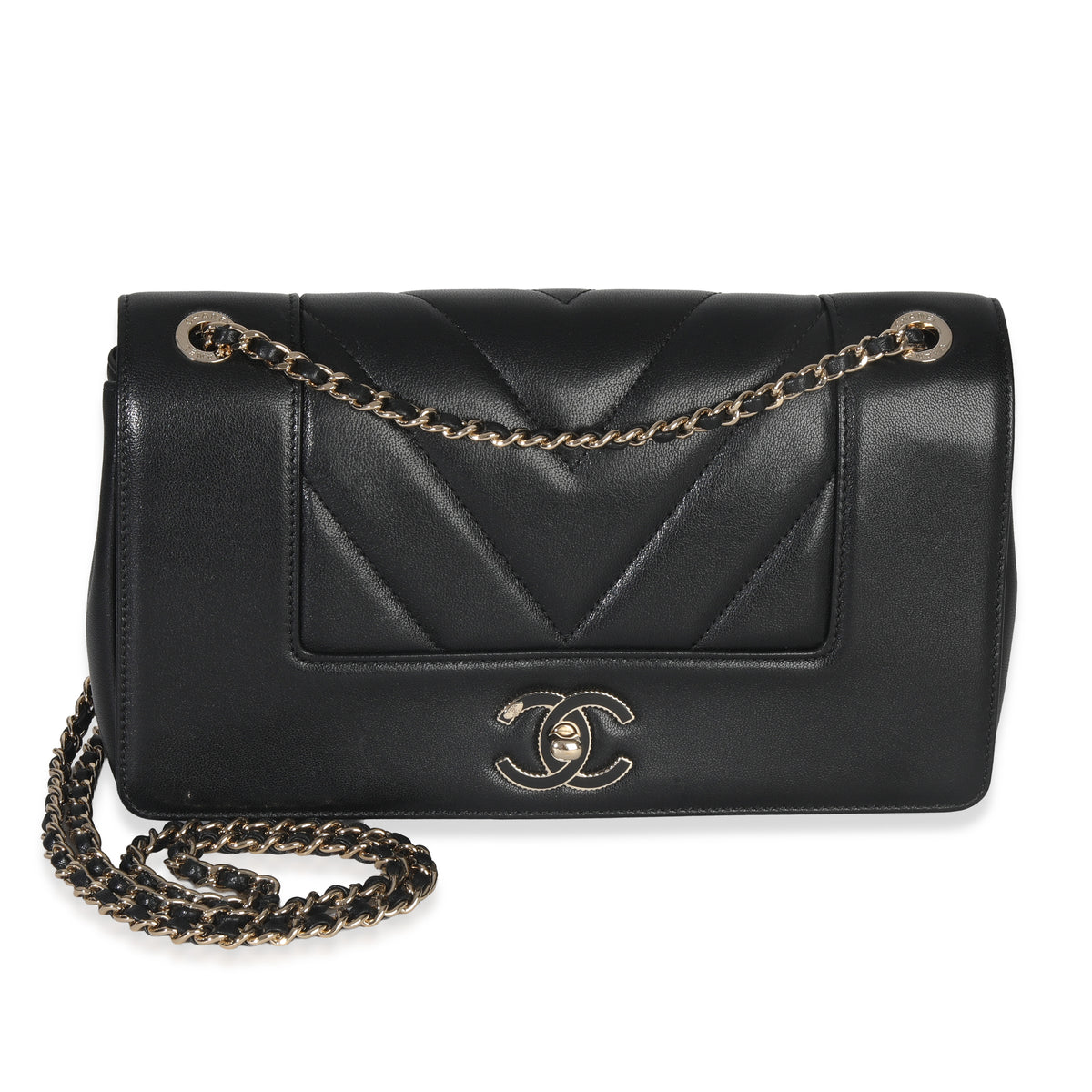 Vintage Black Chevron Quilted Sheepskin Medium Mademoiselle Flap Bag