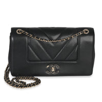 Vintage Black Chevron Quilted Sheepskin Medium Mademoiselle Flap Bag