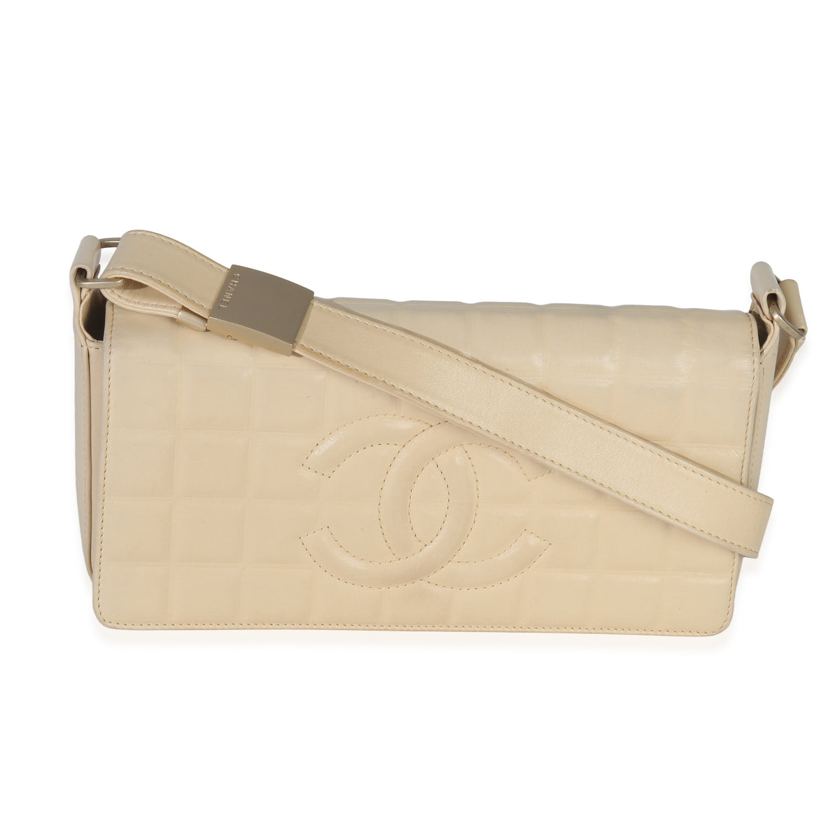 Chanel Vintage Beige Quilted Lambskin Chocolate Bar Flap Bag Handbag fv