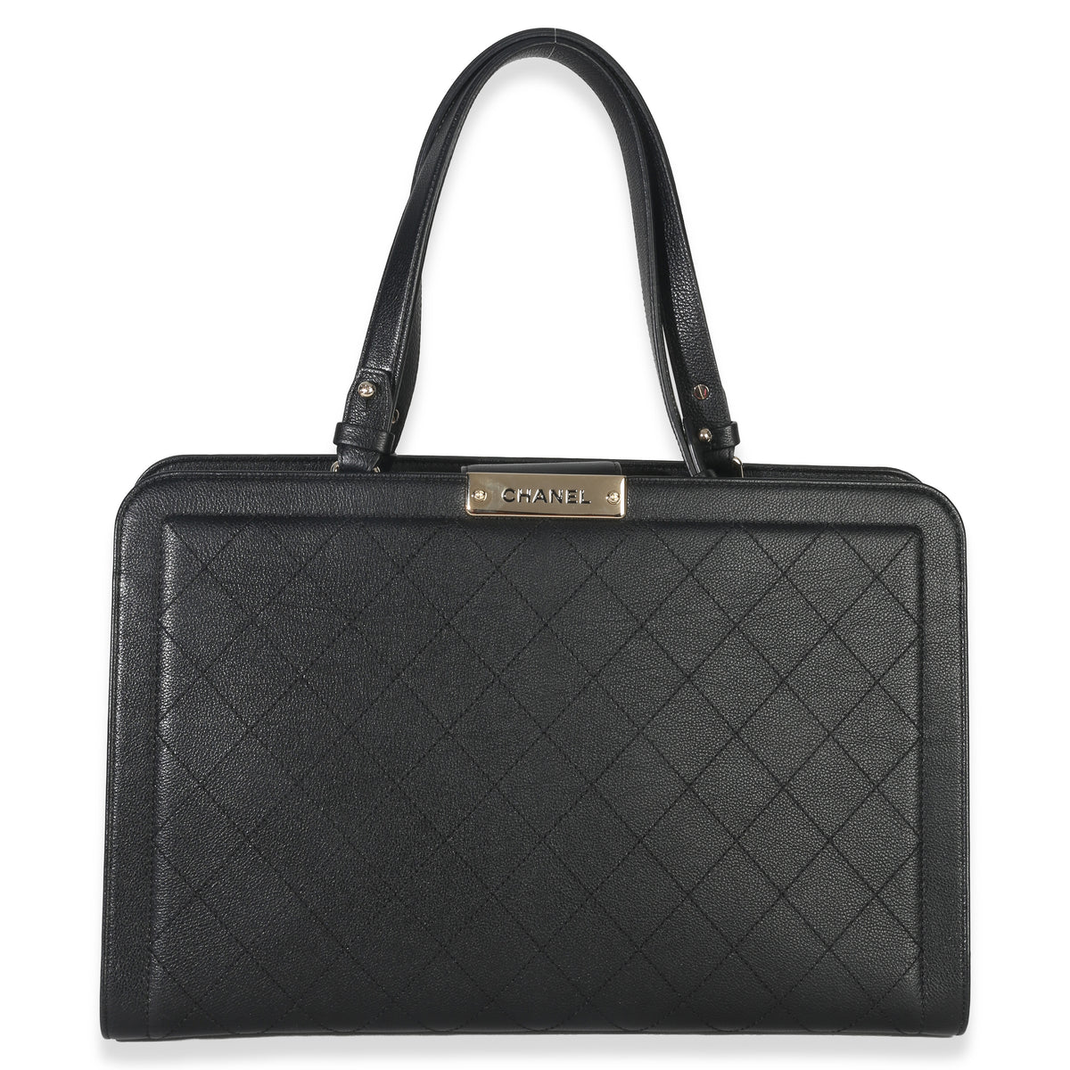 Chanel Black Grained Calfskin Stitched Large Label Click Shopper Tote Handbag fv