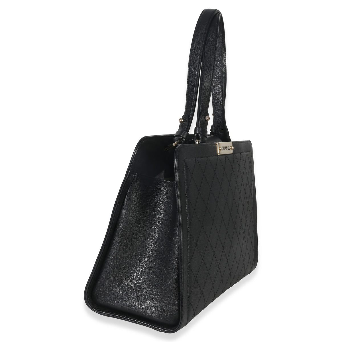 Chanel Black Grained Calfskin Stitched Large Label Click Shopper Tote Handbag pv
