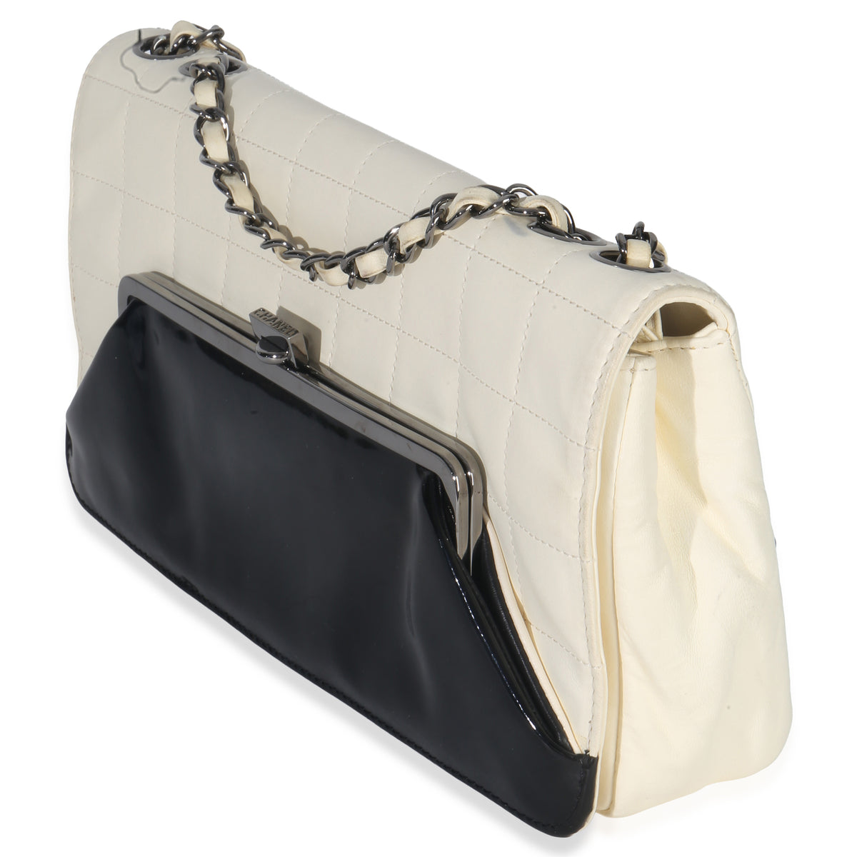 Chanel Black White Lambskin Chocolate Bar Bicolor Kiss Lock Flap Handbag sv