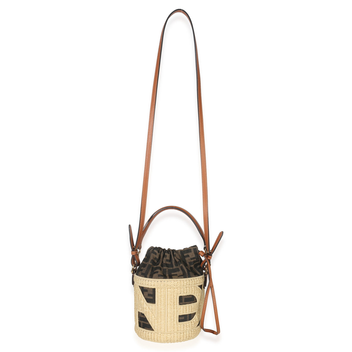Fendi Beige Brown Raffia Zucca Canvas FF Step Out Bucket Bag Handbag ad1