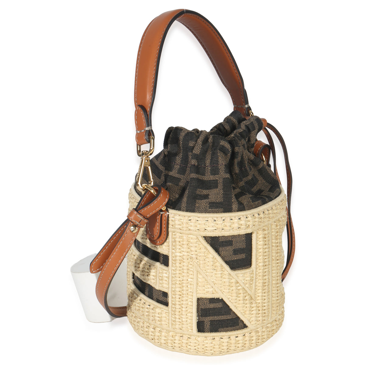 Fendi Beige Brown Raffia Zucca Canvas FF Step Out Bucket Bag Handbag bv