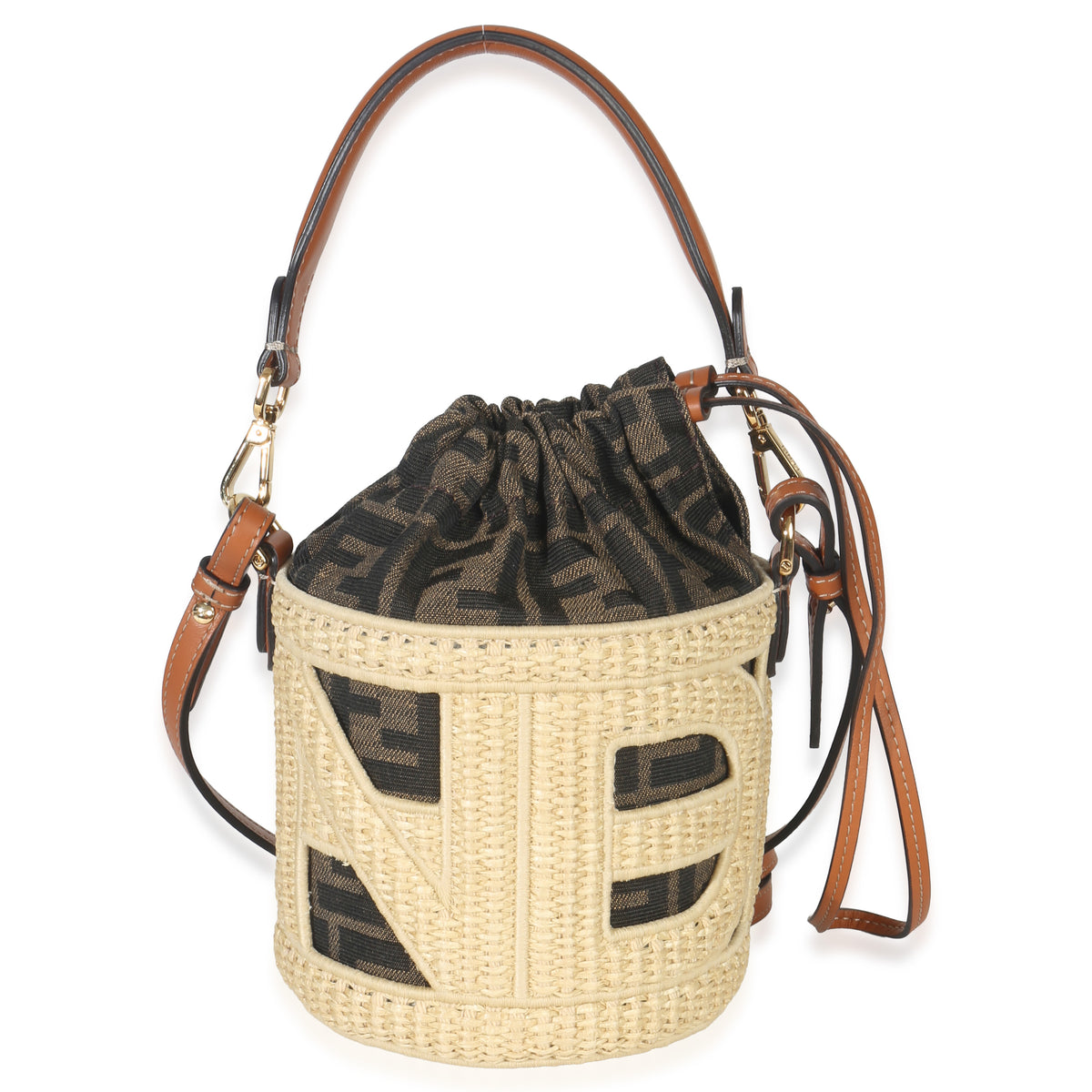Fendi Beige Brown Raffia Zucca Canvas FF Step Out Bucket Bag Handbag fv