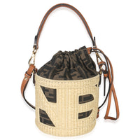 Fendi Beige Brown Raffia Zucca Canvas FF Step Out Bucket Bag Handbag fv