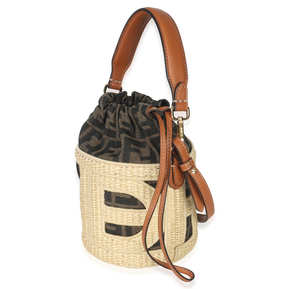 Fendi Beige Brown Raffia Zucca Canvas FF Step Out Bucket Bag Handbag pv