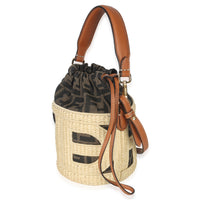 Fendi Beige Brown Raffia Zucca Canvas FF Step Out Bucket Bag Handbag pv