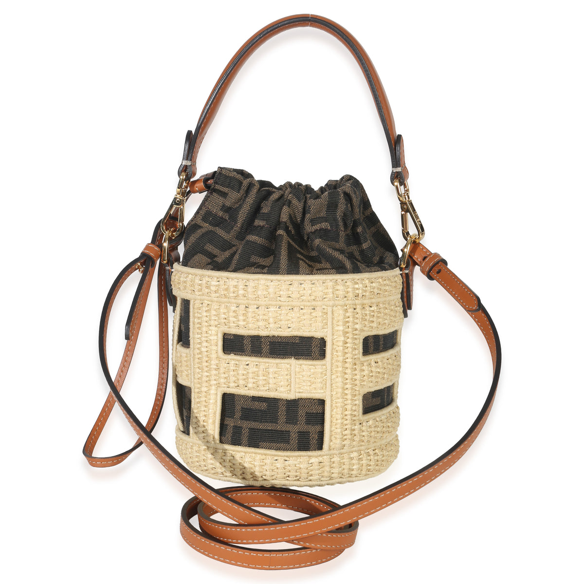 Fendi Beige Brown Raffia Zucca Canvas FF Step Out Bucket Bag Handbag stamp