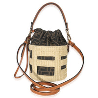 Fendi Beige Brown Raffia Zucca Canvas FF Step Out Bucket Bag Handbag stamp