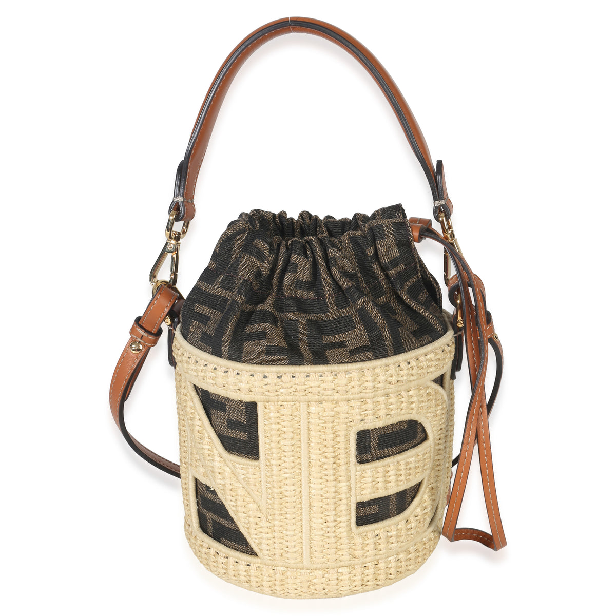Fendi Beige Brown Raffia Zucca Canvas FF Step Out Bucket Bag Handbag sv