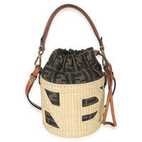 Fendi Beige Brown Raffia Zucca Canvas FF Step Out Bucket Bag Handbag sv