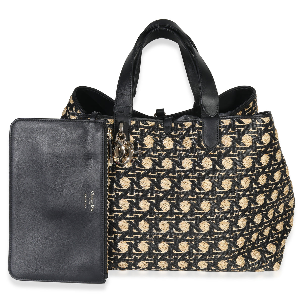 Christian Dior Beige Black Graphic Cannage Raffia Large Toujours Handbag ad1