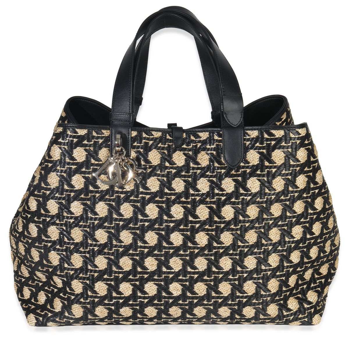 Christian Dior Beige Black Graphic Cannage Raffia Large Toujours Handbag fv