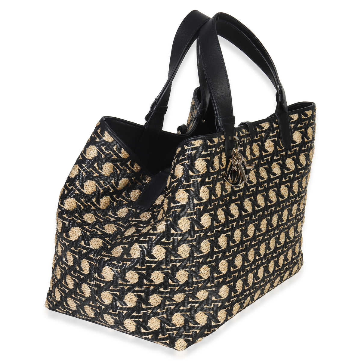 Christian Dior Beige Black Graphic Cannage Raffia Large Toujours Handbag pv