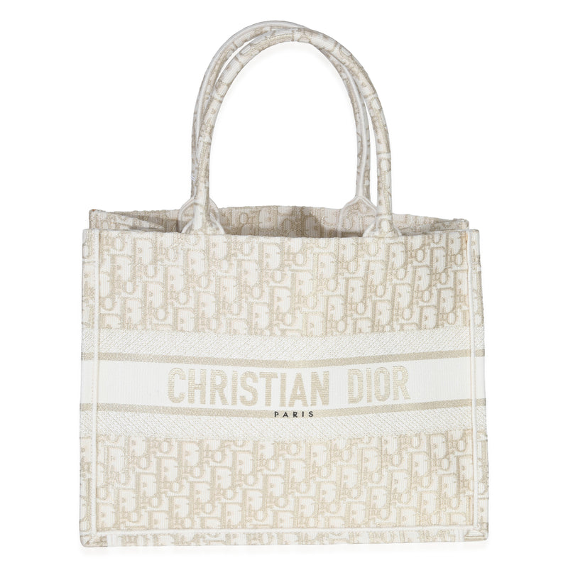 Christian Dior White Gold Tone Oblique Embroidery Medium Book Tote Handbag fv