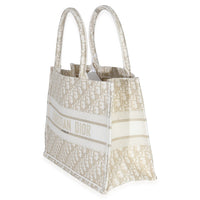 Christian Dior White Gold Tone Oblique Embroidery Medium Book Tote Handbag sv