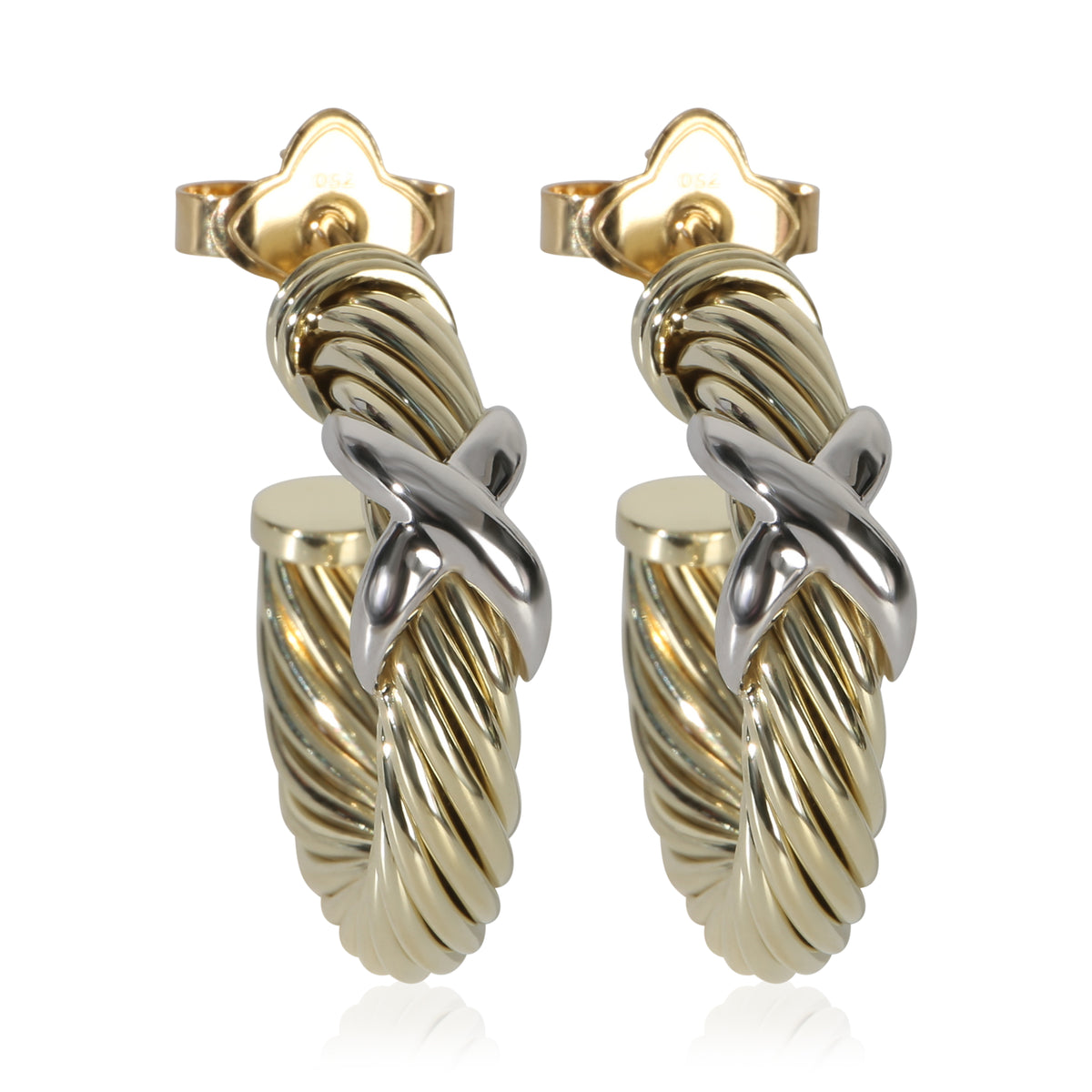 David Yurman White Gold & Yellow Gold  Cable X Hoop Earrings fv