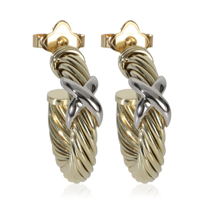 David Yurman White Gold & Yellow Gold  Cable X Hoop Earrings fv