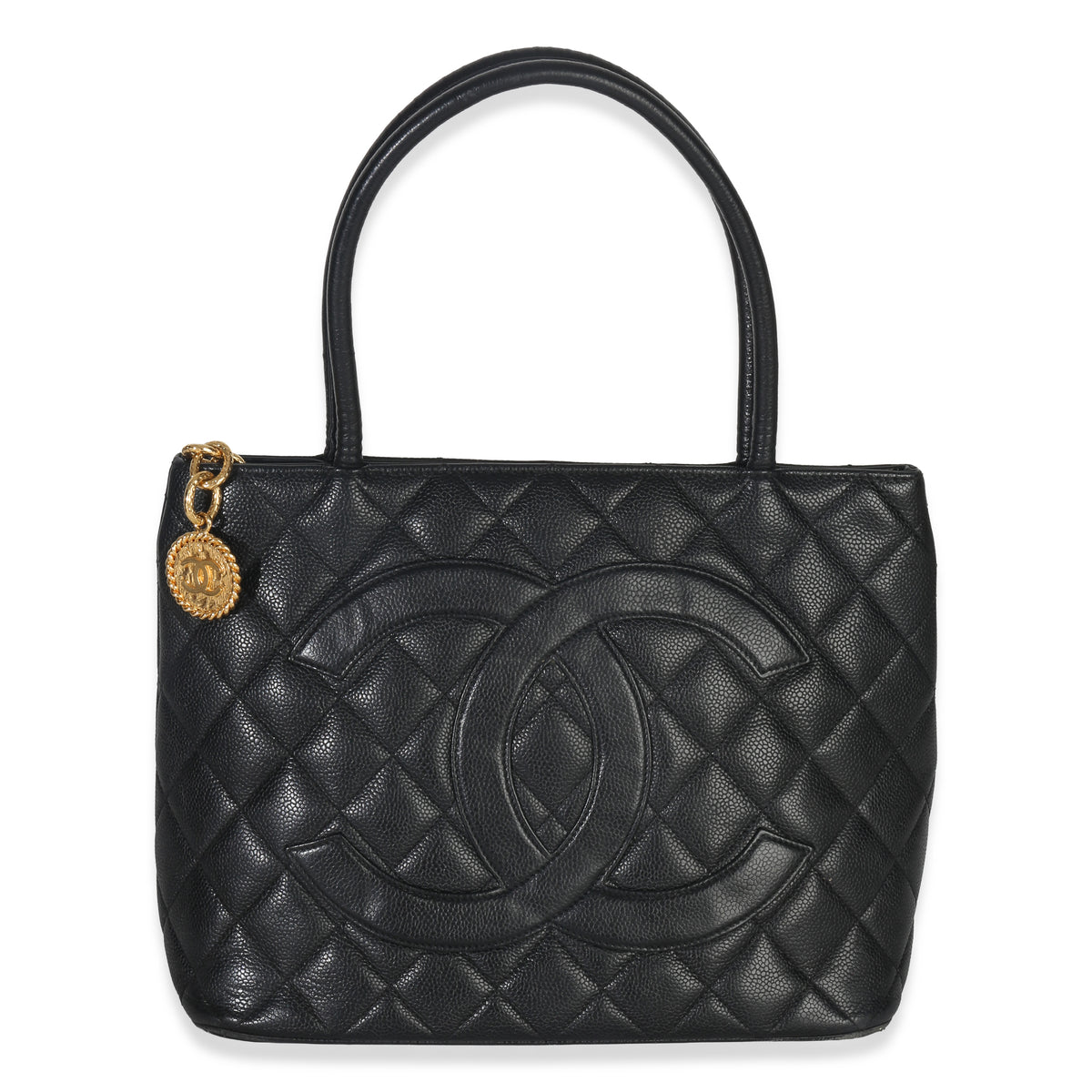 Chanel Vintage Black Quilted Caviar Medallion Tote Handbag fv