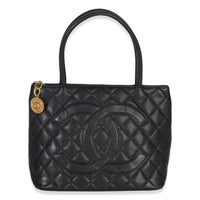 Chanel Vintage Black Quilted Caviar Medallion Tote Handbag fv