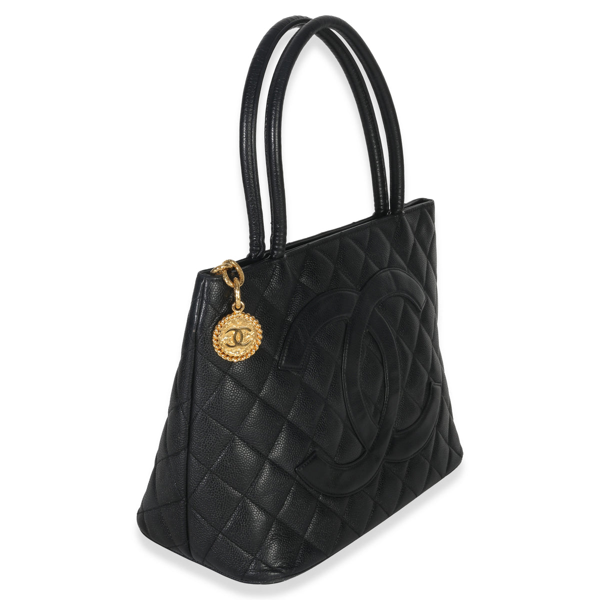 Chanel Vintage Black Quilted Caviar Medallion Tote Handbag pv