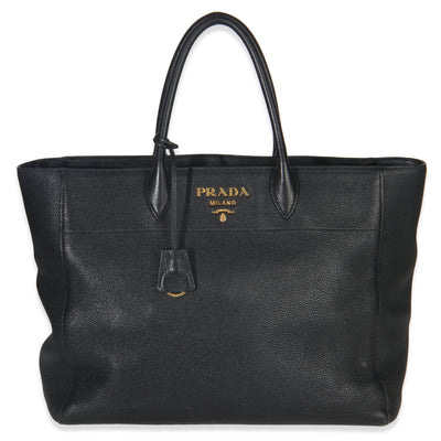 Prada Black Vitello Daino Shopping Tote Handbag fv
