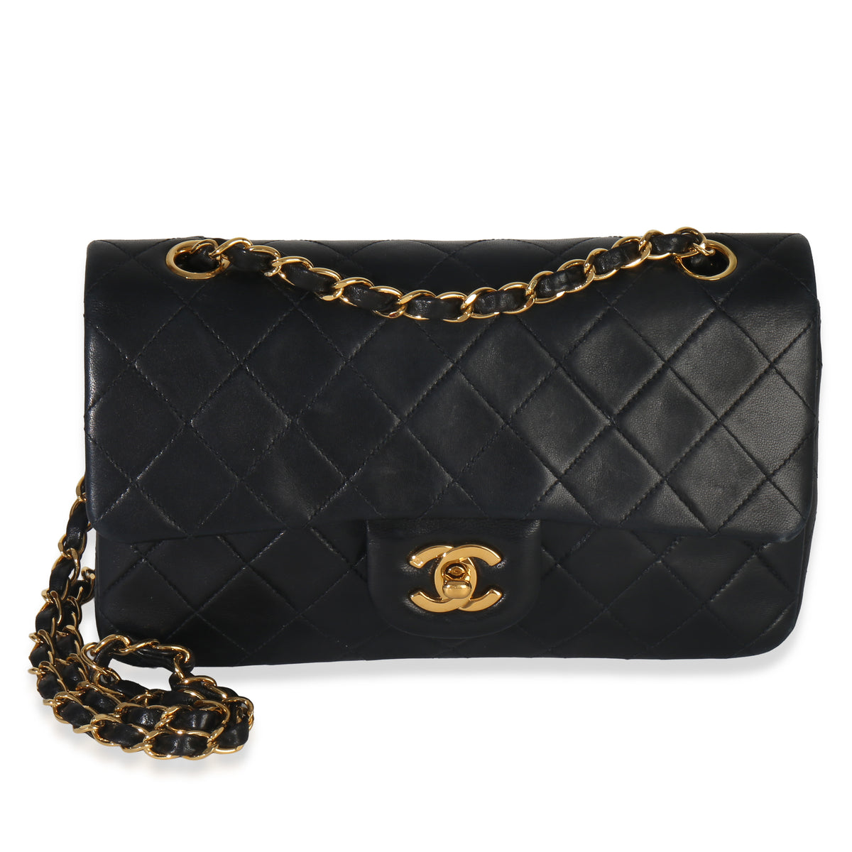 Chanel Vintage 24k Black Quilted Lambskin Small Classic Double Flap Handbag fv
