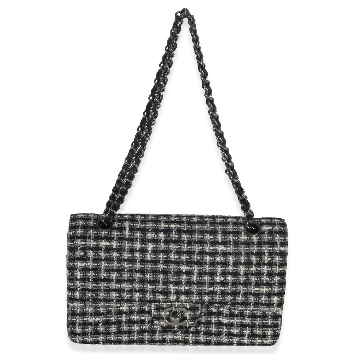 Chanel Black White Tweed Quilted Medium Classic Double Flap Handbag av