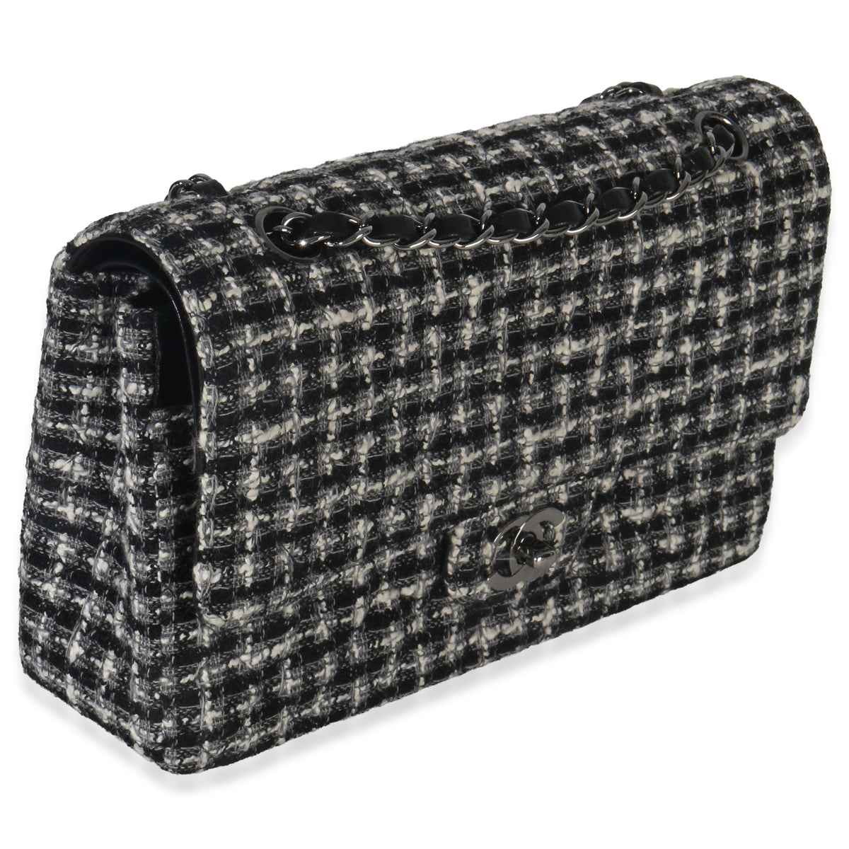Chanel Black White Tweed Quilted Medium Classic Double Flap Handbag pv