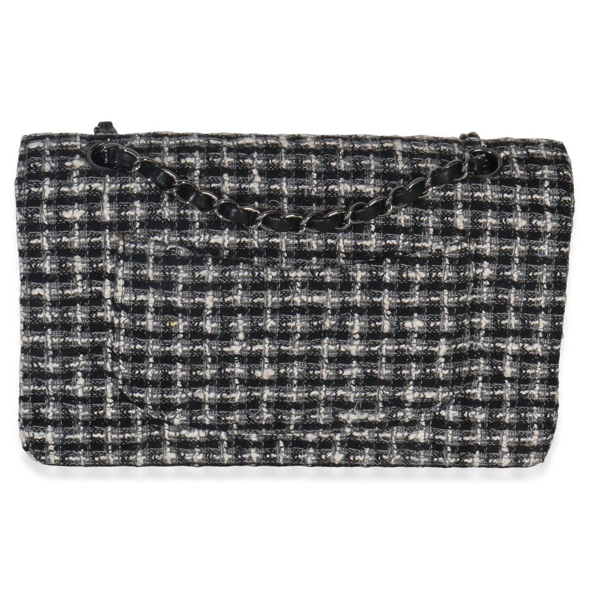 Chanel Black White Tweed Quilted Medium Classic Double Flap Bag Handbag bv