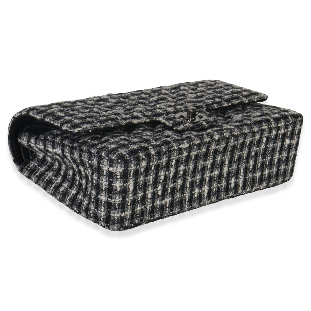 Chanel Black White Tweed Quilted Medium Classic Double Flap Bag Handbag clasp