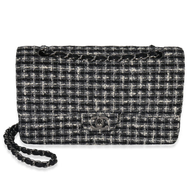 Chanel Black White Tweed Quilted Medium Classic Double Flap Bag Handbag fv