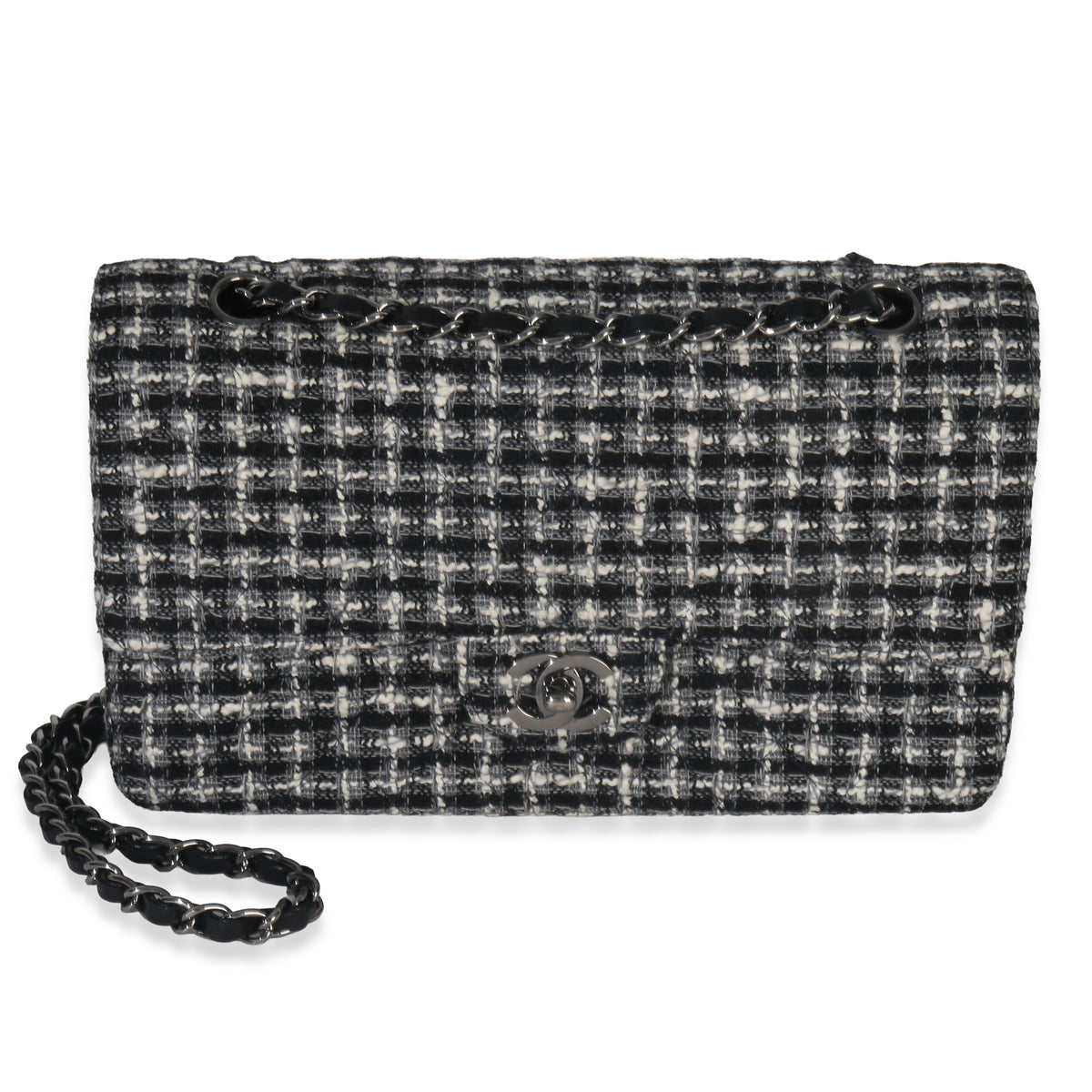 Chanel Black White Tweed Quilted Medium Classic Double Flap Bag Handbag fv