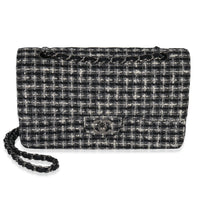 Chanel Black White Tweed Quilted Medium Classic Double Flap Bag Handbag fv
