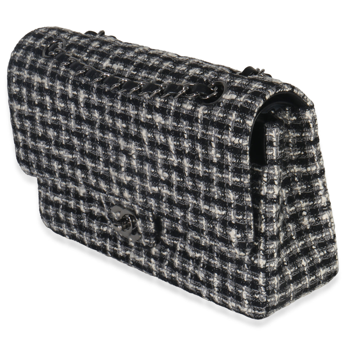 Chanel Black White Tweed Quilted Medium Classic Double Flap Bag Handbag sv