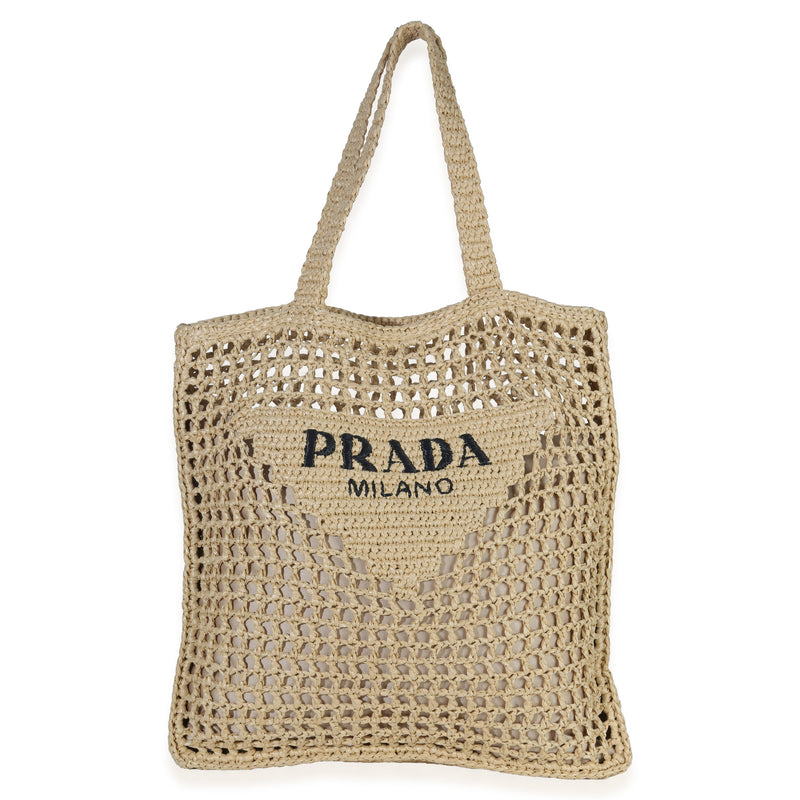 Prada Natural Raffia Effect Logo Crochet Tote Handbag fv