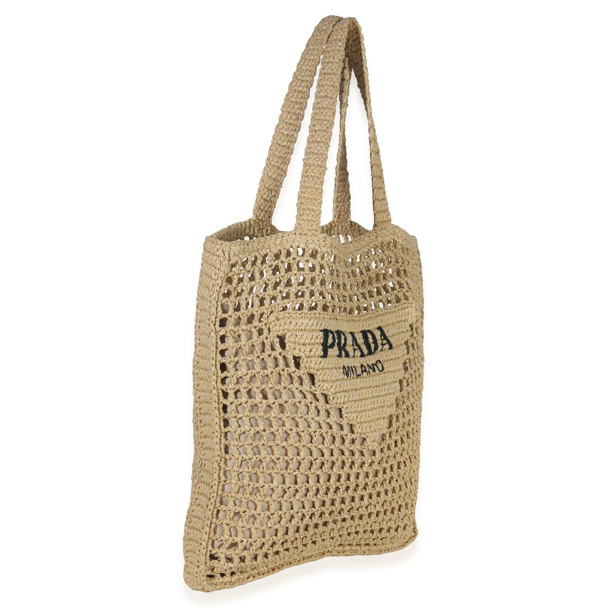 Prada Natural Raffia Effect Logo Crochet Tote Handbag pv