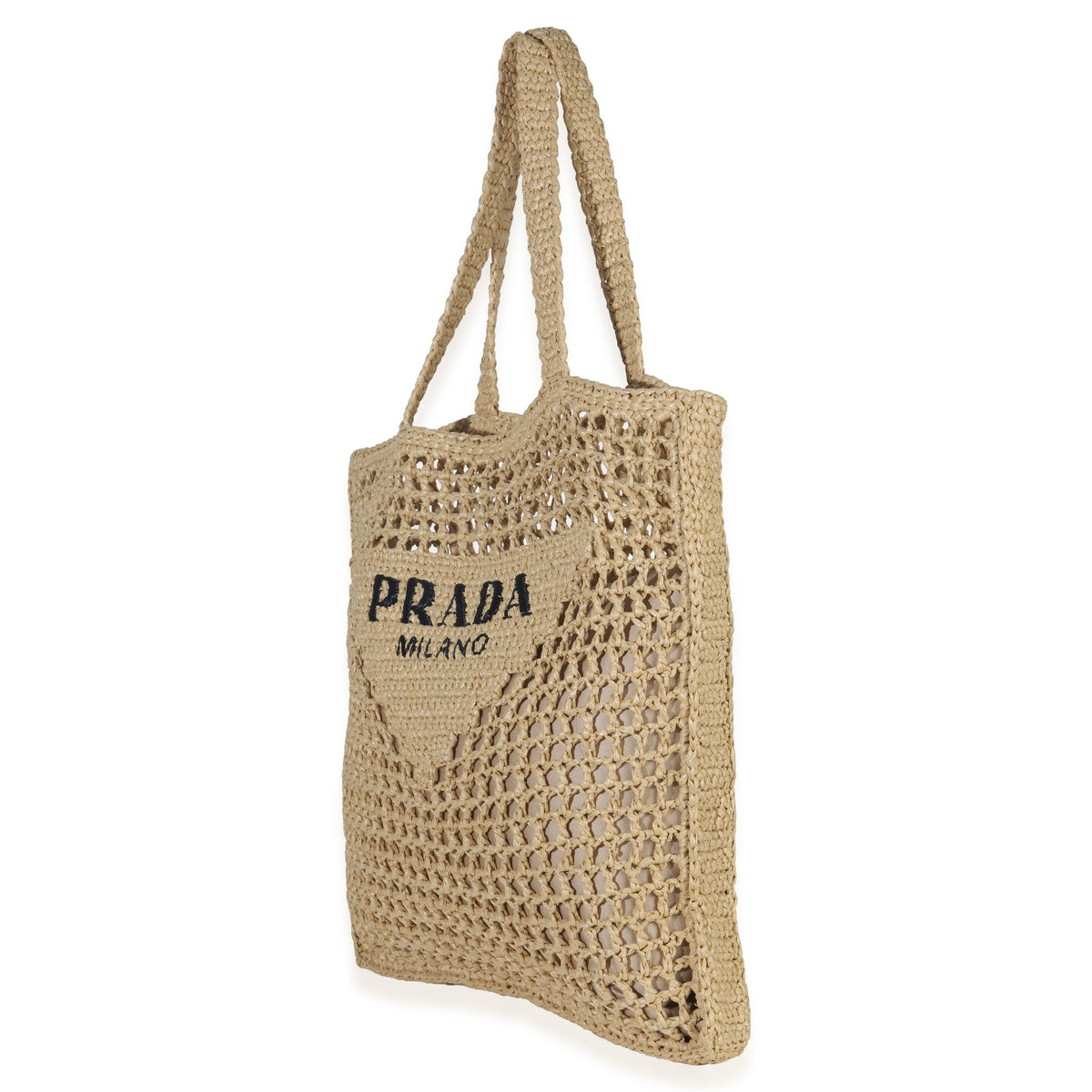 Prada Natural Raffia Effect Logo Crochet Tote Handbag sv