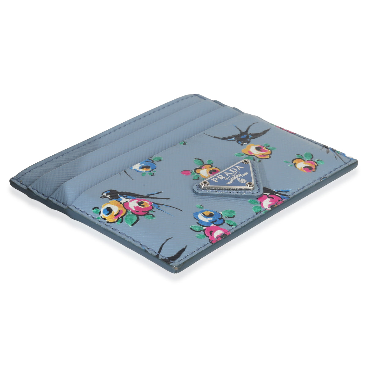 Prada Light Blue Astral Swallow Saffiano Card Holder Wallet clasp