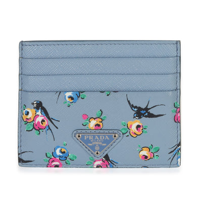 Prada Light Blue Astral Swallow Saffiano Card Holder Wallet fv