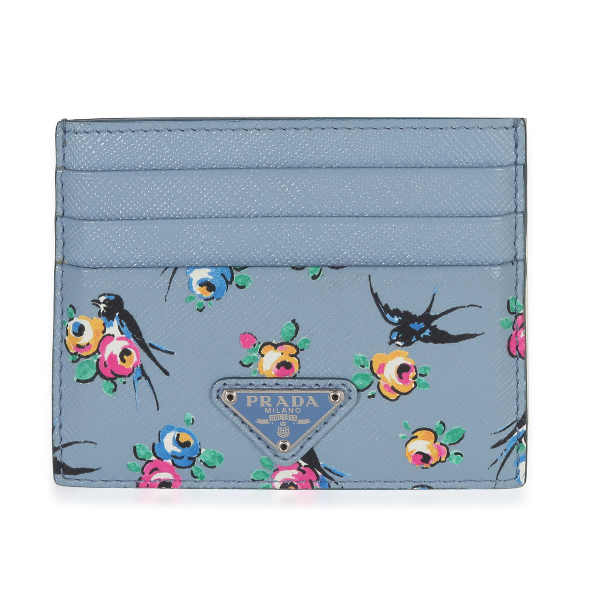 Prada Light Blue Astral Swallow Saffiano Card Holder Wallet fv