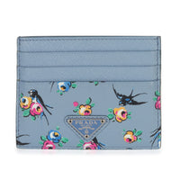 Prada Light Blue Astral Swallow Saffiano Card Holder Wallet fv