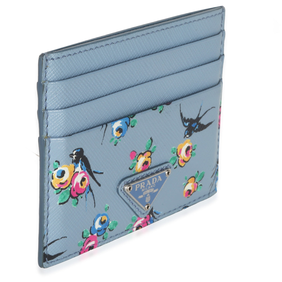 Prada Light Blue Astral Swallow Saffiano Card Holder Wallet pv