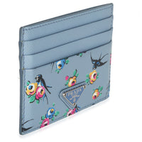 Prada Light Blue Astral Swallow Saffiano Card Holder Wallet pv