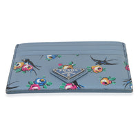 Prada Light Blue Astral Swallow Saffiano Card Holder Wallet stamp